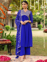Women's Royal Blue Georgette Embellished A-line Kurta With Palazzo Dupatta Set