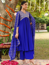 Women's Royal Blue Georgette Embellished A-line Kurta With Palazzo Dupatta Set