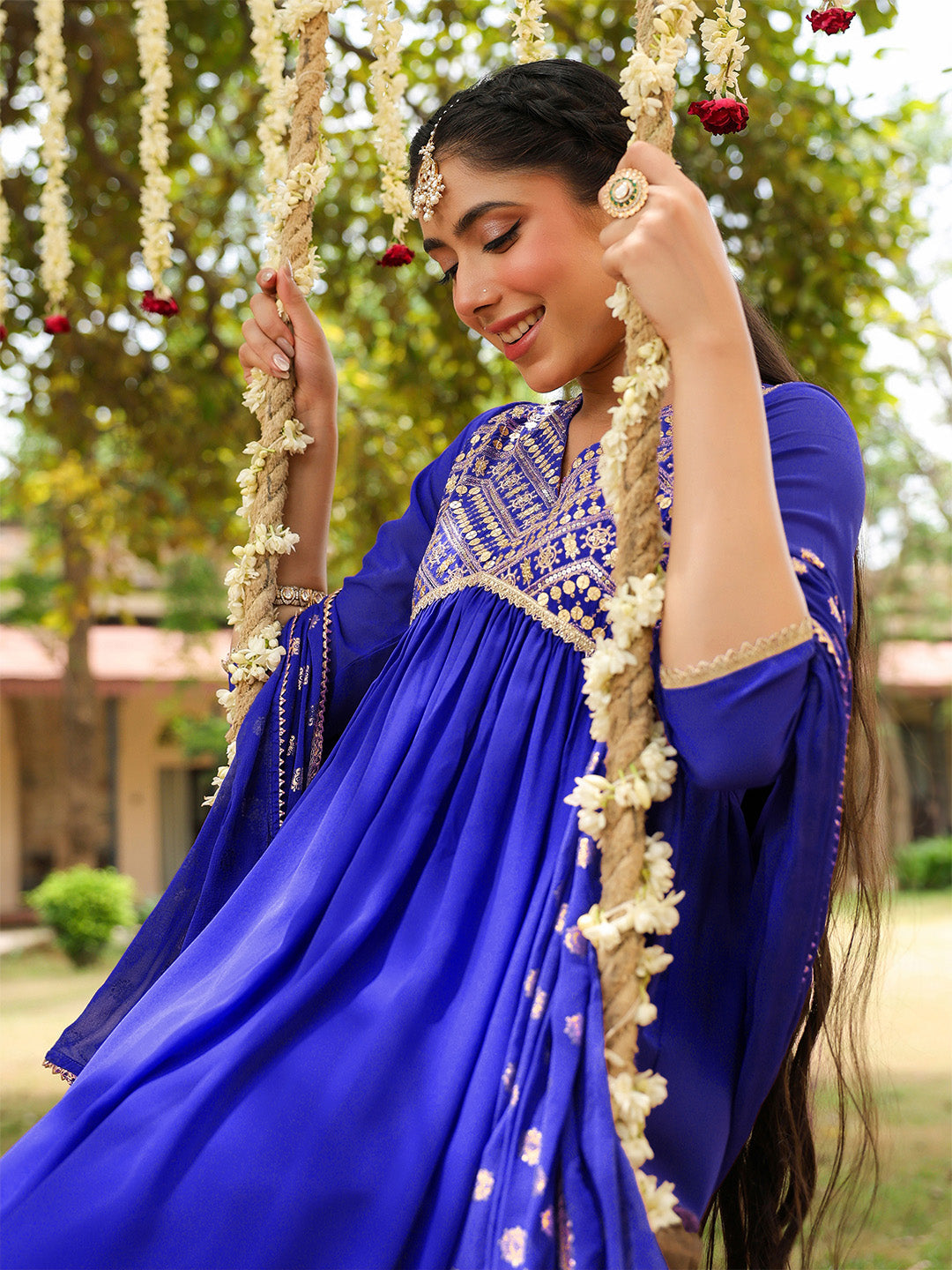 Women's Royal Blue Georgette Embellished A-line Kurta With Palazzo Dupatta Set