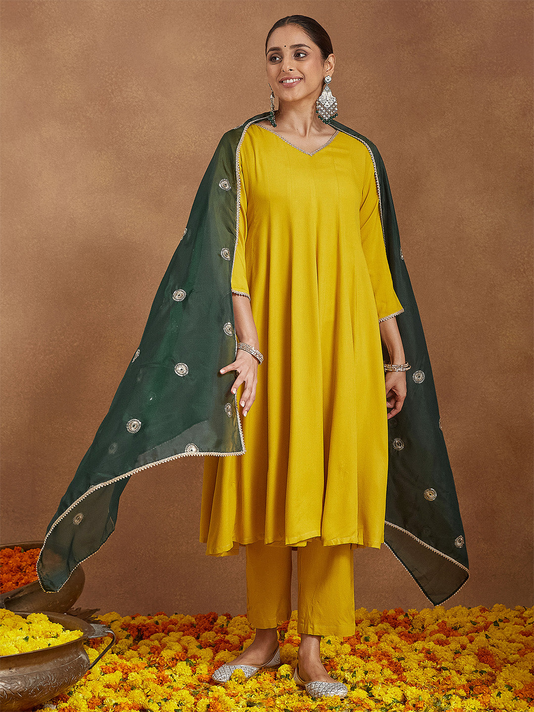 Women Mustard Yellow Rayon Embellished Anarkali Kurta Set With Green Dupatta