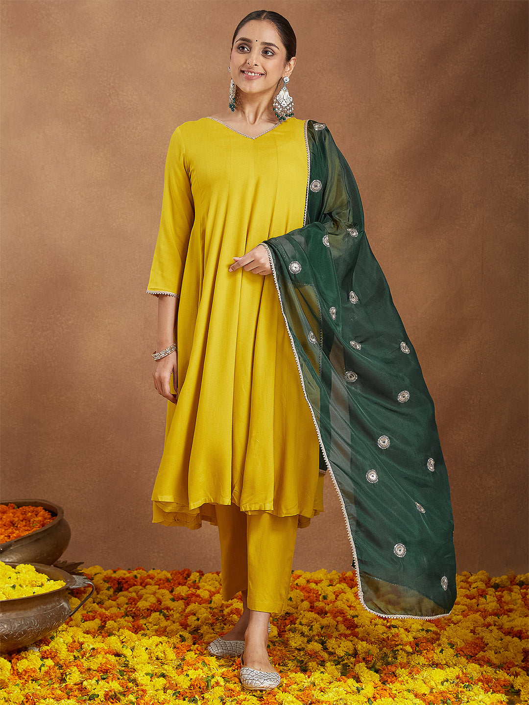 Women Mustard Yellow Rayon Embellished Anarkali Kurta Set With Green Dupatta
