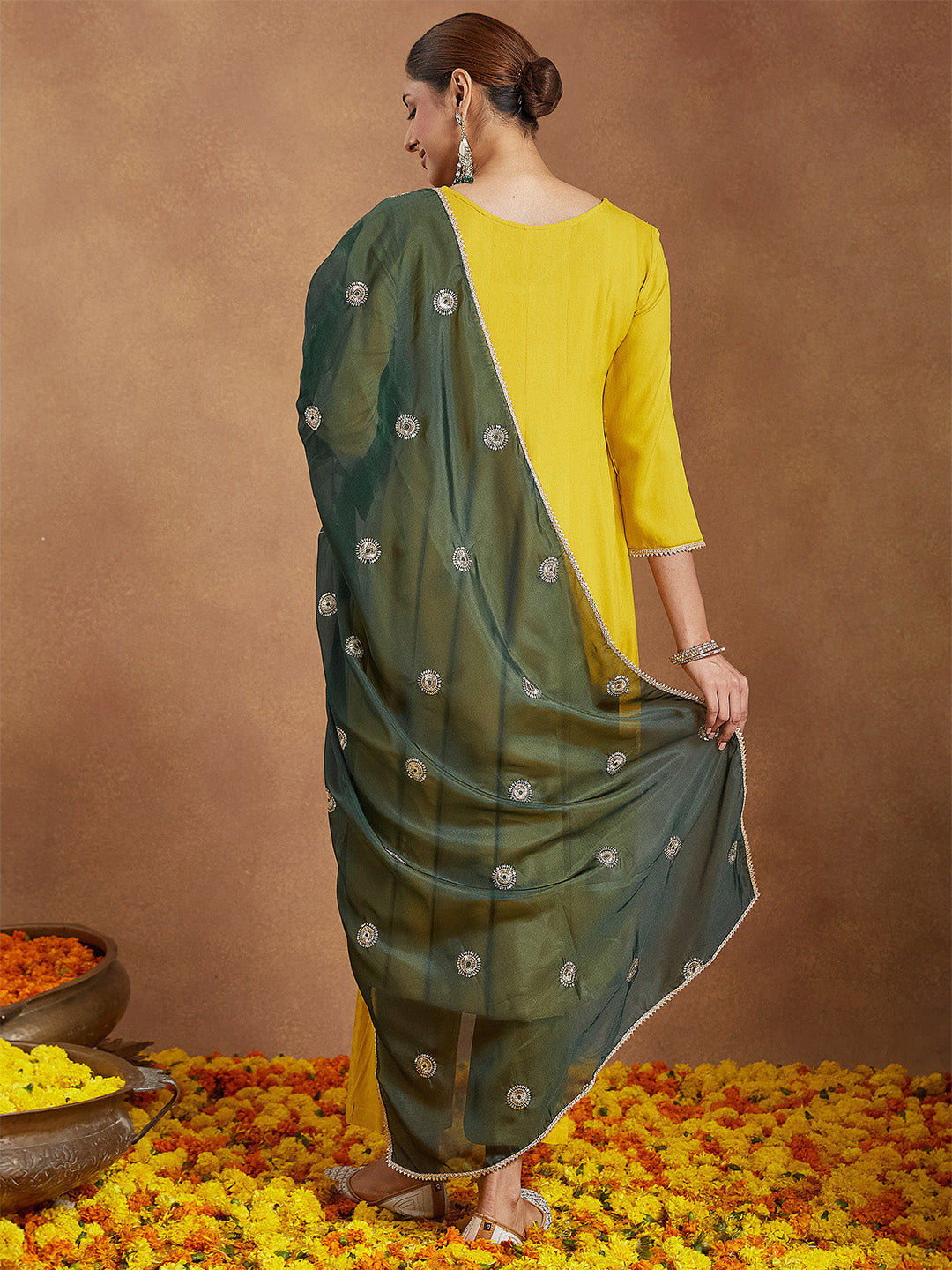 Women Mustard Yellow Rayon Embellished Anarkali Kurta Set With Green Dupatta
