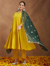 Women Mustard Yellow Rayon Embellished Anarkali Kurta Set With Green Dupatta