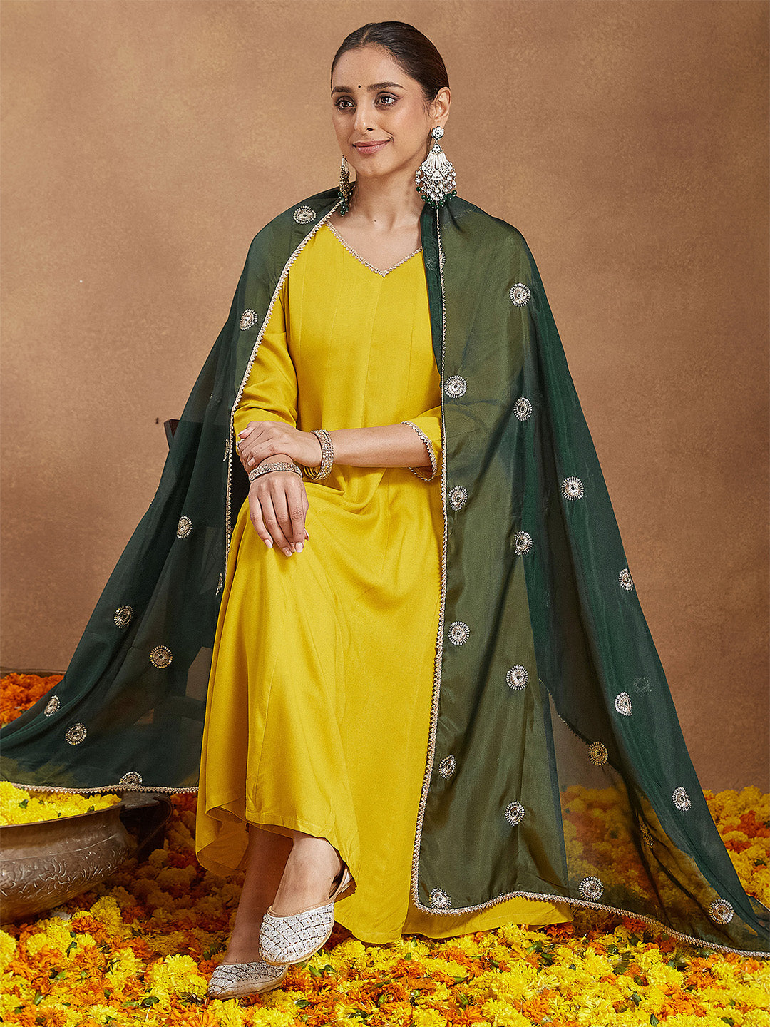 Women Mustard Yellow Rayon Embellished Anarkali Kurta Set With Green Dupatta