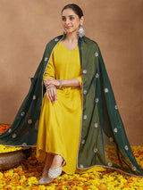 Women Mustard Yellow Rayon Embellished Anarkali Kurta Set With Green Dupatta