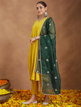 Women Mustard Yellow Rayon Embellished Anarkali Kurta Set With Green Dupatta