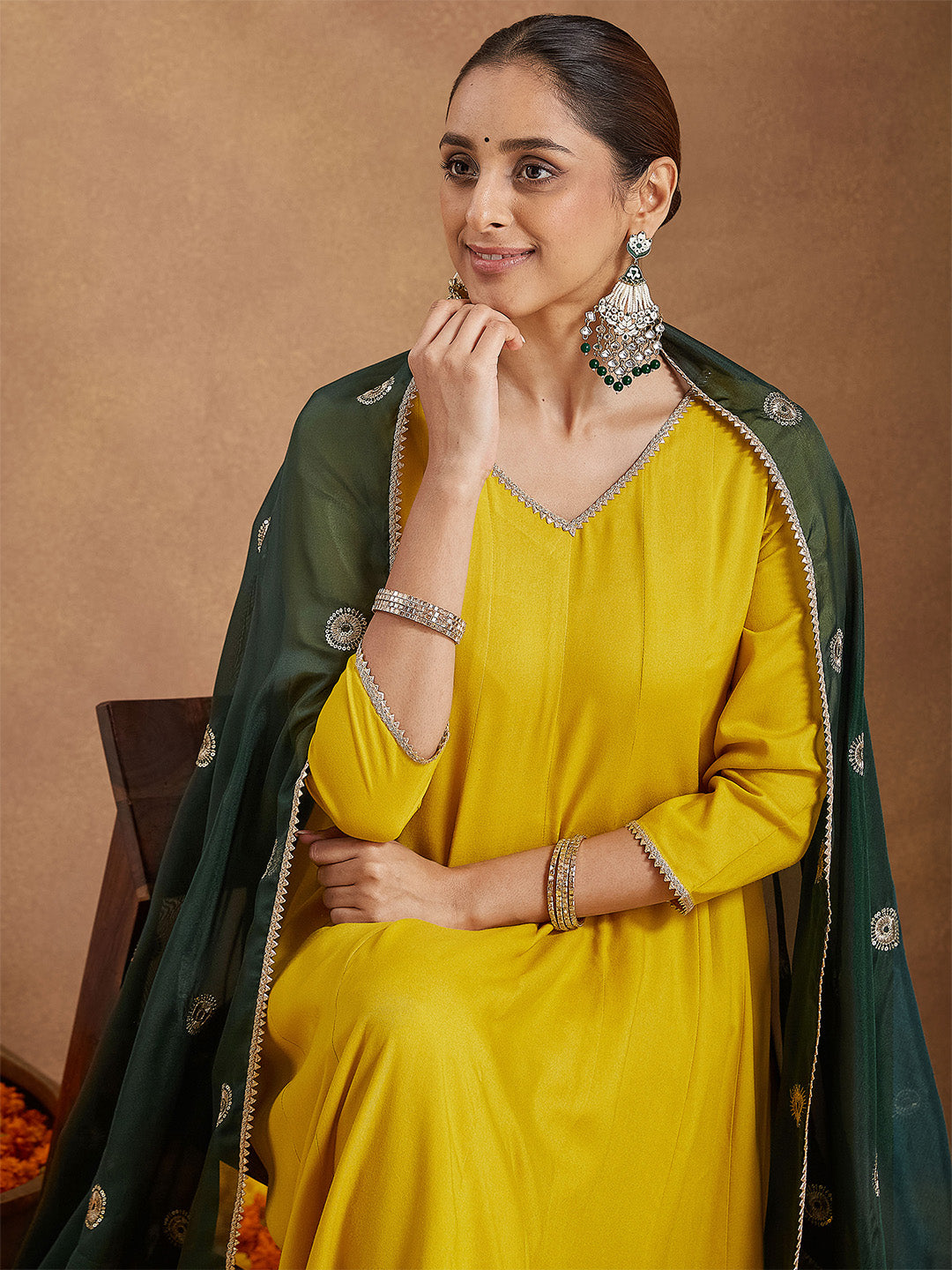 Women Mustard Yellow Rayon Embellished Anarkali Kurta Set With Green Dupatta