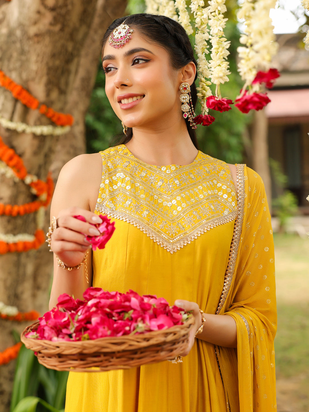 Women Yellow Chanderi Silk Embellished Anarkali Kurta Set With Dupatta