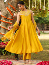 Women Yellow Chanderi Silk Embellished Anarkali Kurta Set With Dupatta