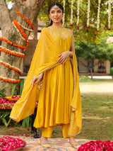 Women Yellow Chanderi Silk Embellished Anarkali Kurta Set With Dupatta