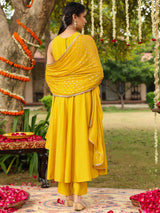 Women Yellow Chanderi Silk Embellished Anarkali Kurta Set With Dupatta