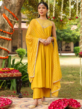 Women Yellow Chanderi Silk Embellished Anarkali Kurta Set With Dupatta