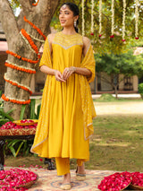 Women Yellow Chanderi Silk Embellished Anarkali Kurta Set With Dupatta