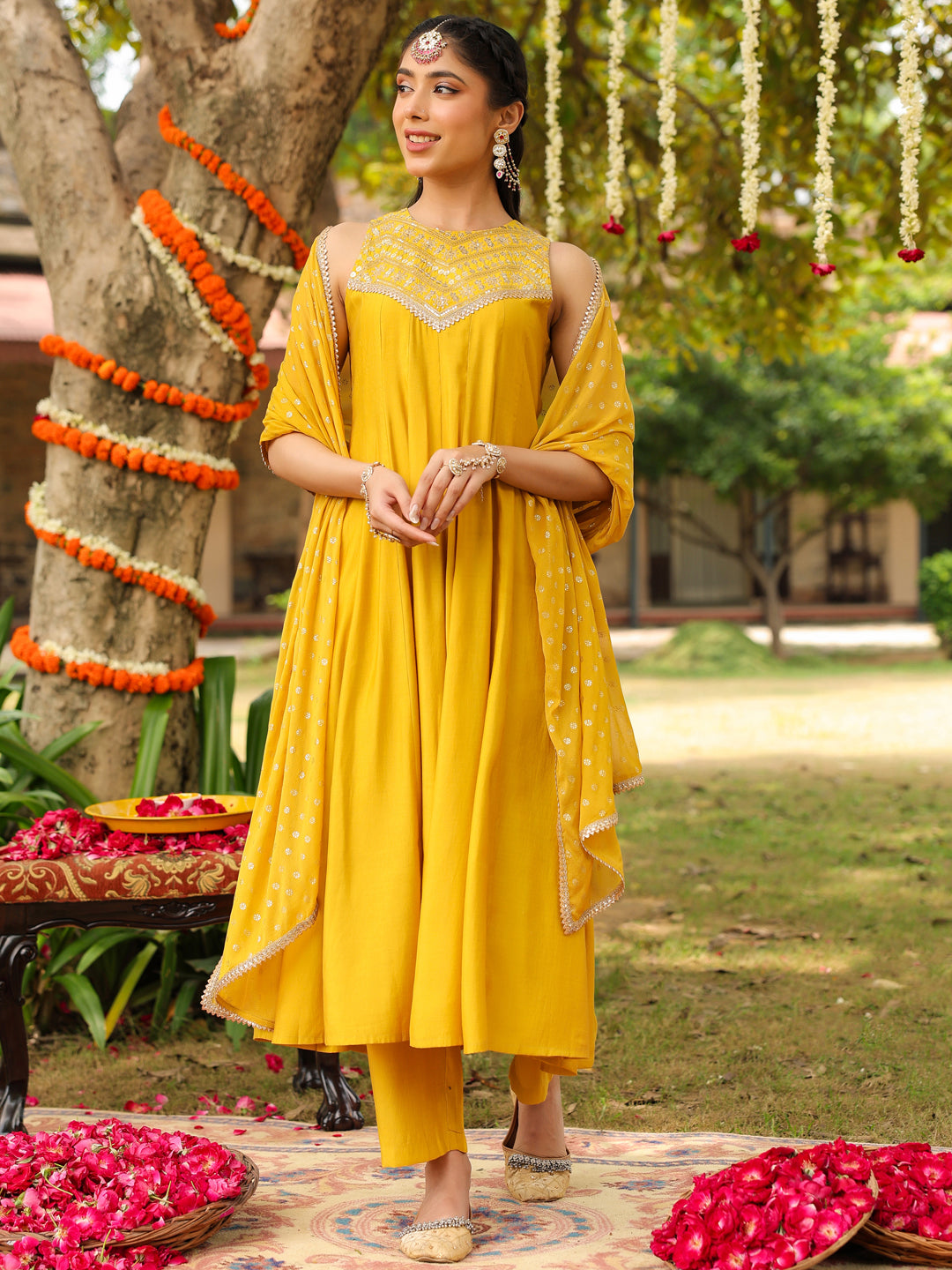 Women Yellow Chanderi Silk Embellished Anarkali Kurta Set With Dupatta