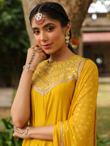 Women Yellow Chanderi Silk Embellished Anarkali Kurta Set With Dupatta