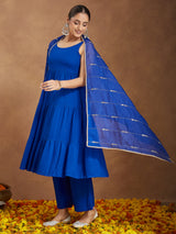 Women's Royal Blue Rayon Embellished Tiered Kurta Set With Dupatta