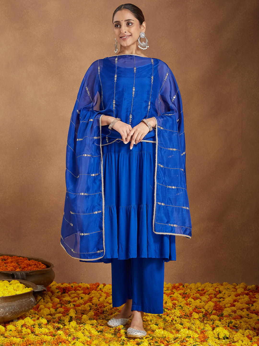 Women's Royal Blue Rayon Embellished Tiered Kurta Set With Dupatta