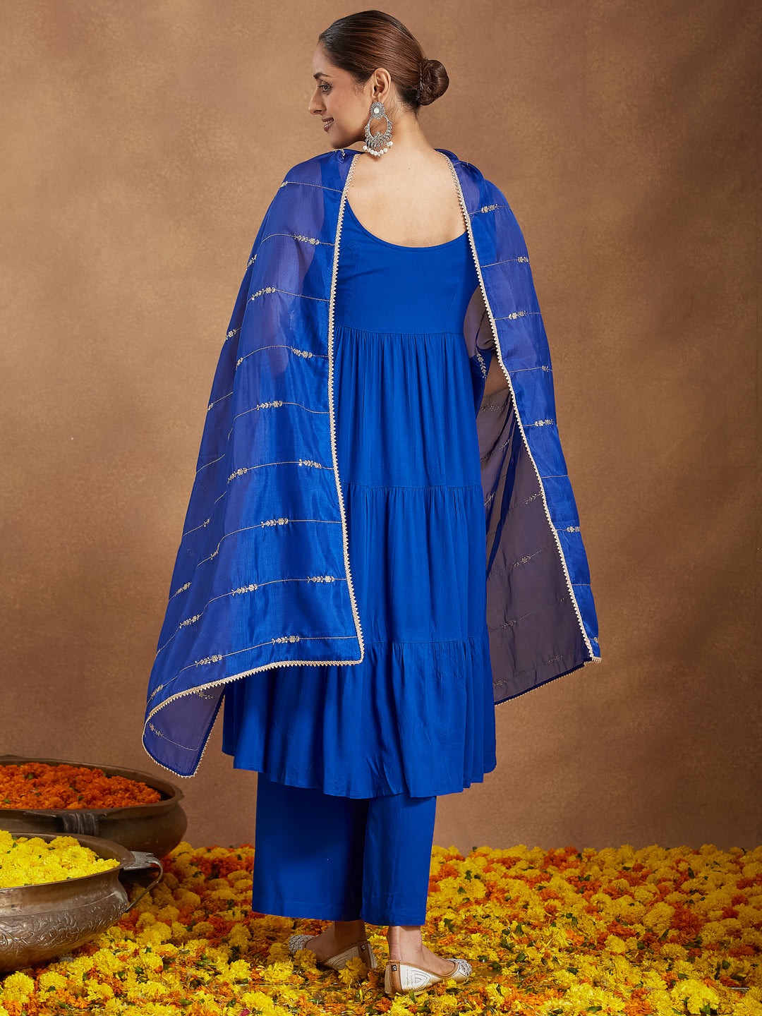 Women's Royal Blue Rayon Embellished Tiered Kurta Set With Dupatta