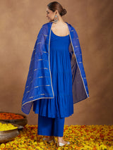 Women's Royal Blue Rayon Embellished Tiered Kurta Set With Dupatta