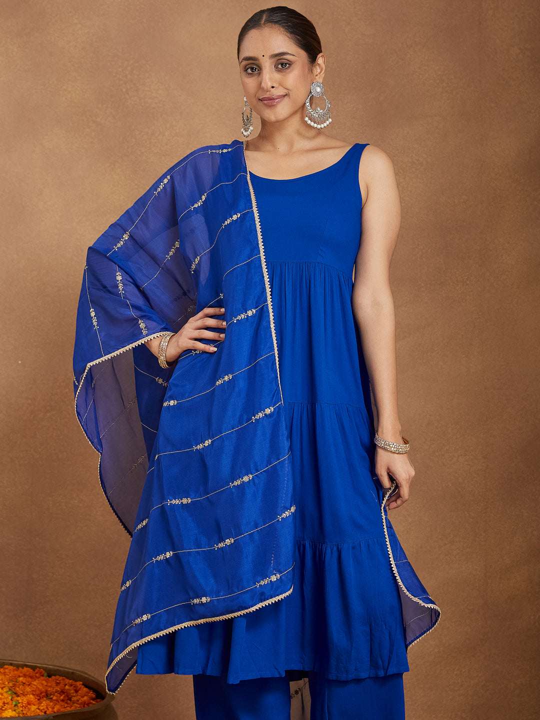 Women's Royal Blue Rayon Embellished Tiered Kurta Set With Dupatta