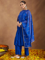 Women's Royal Blue Rayon Embellished Tiered Kurta Set With Dupatta
