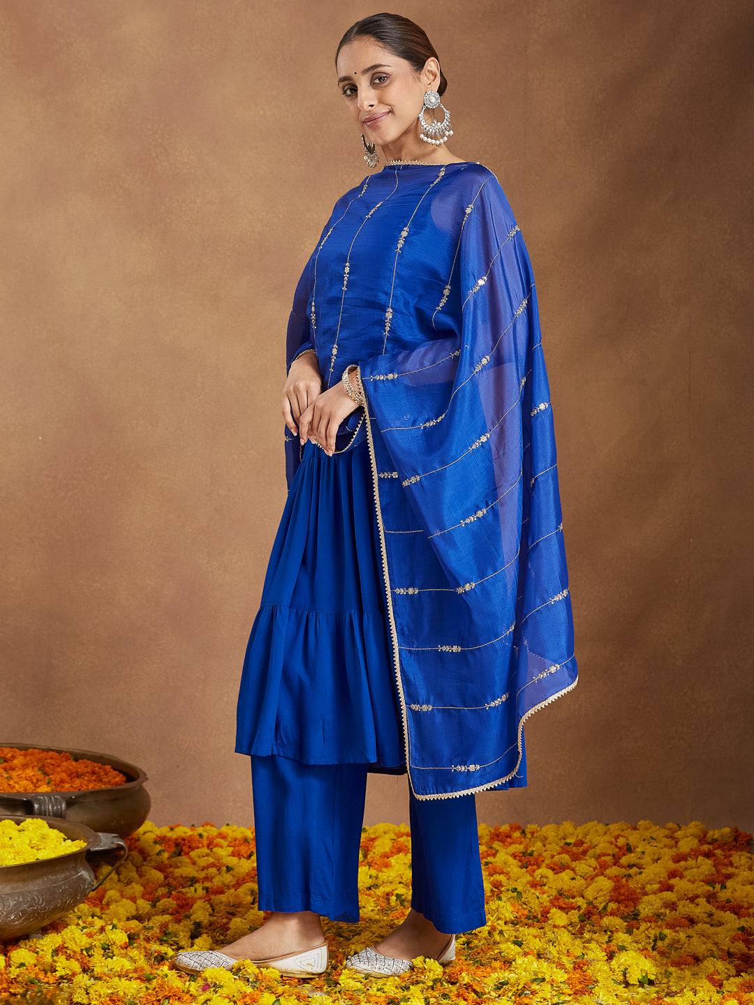 Women's Royal Blue Rayon Embellished Tiered Kurta Set With Dupatta