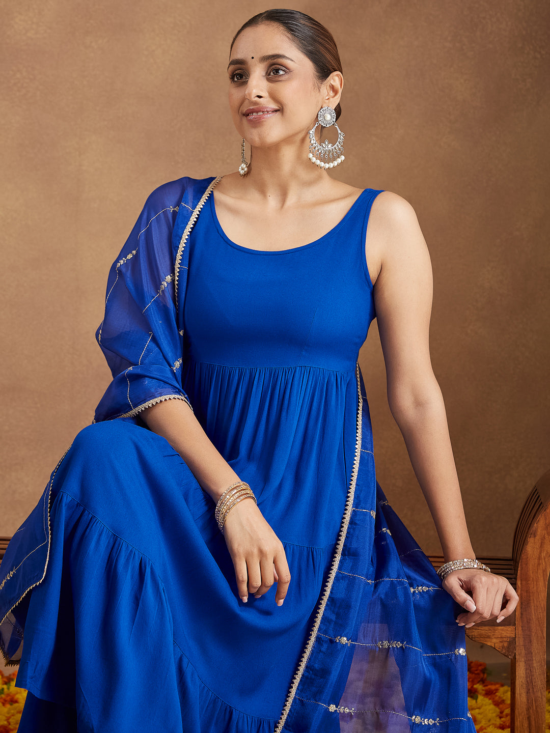 Women's Royal Blue Rayon Embellished Tiered Kurta Set With Dupatta