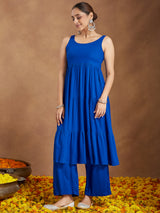 Women's Royal Blue Rayon Embellished Tiered Kurta Set With Dupatta