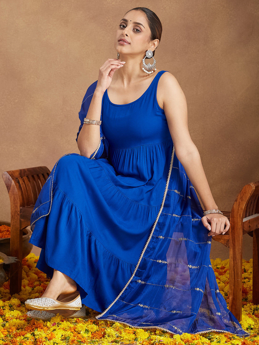 Women's Royal Blue Rayon Embellished Tiered Kurta Set With Dupatta