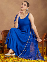 Women's Royal Blue Rayon Embellished Tiered Kurta Set With Dupatta