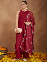 Women's Maroon Rayon Embellished A-line Flared Kurta Set