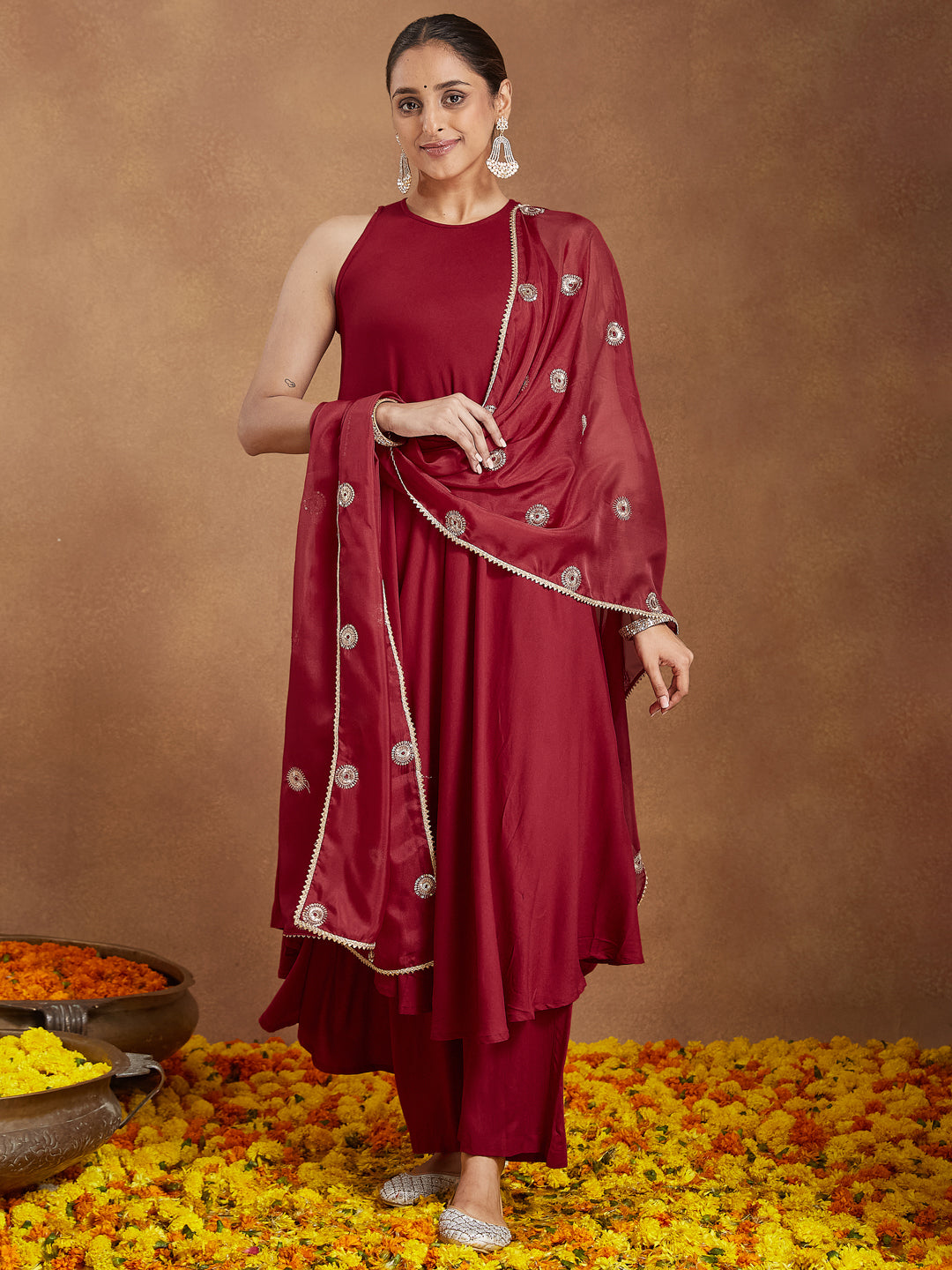 Women's Maroon Rayon Embellished A-line Flared Kurta Set
