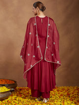 Women's Maroon Rayon Embellished A-line Flared Kurta Set