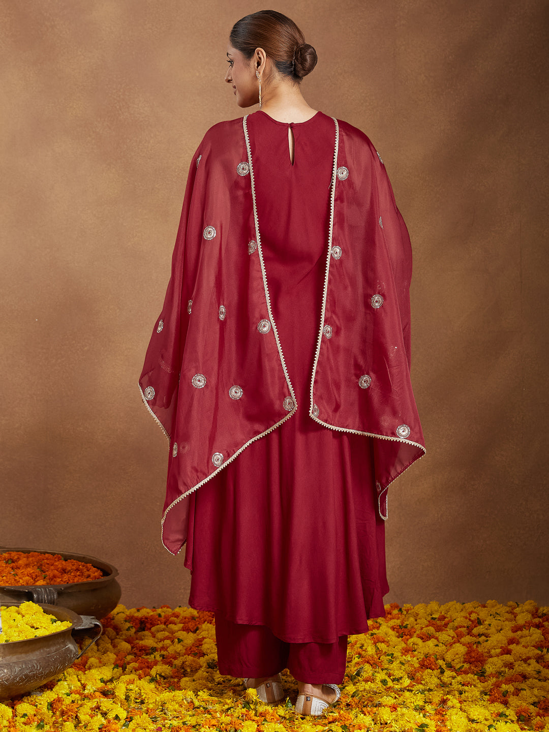 Women's Maroon Rayon Embellished A-line Flared Kurta Set