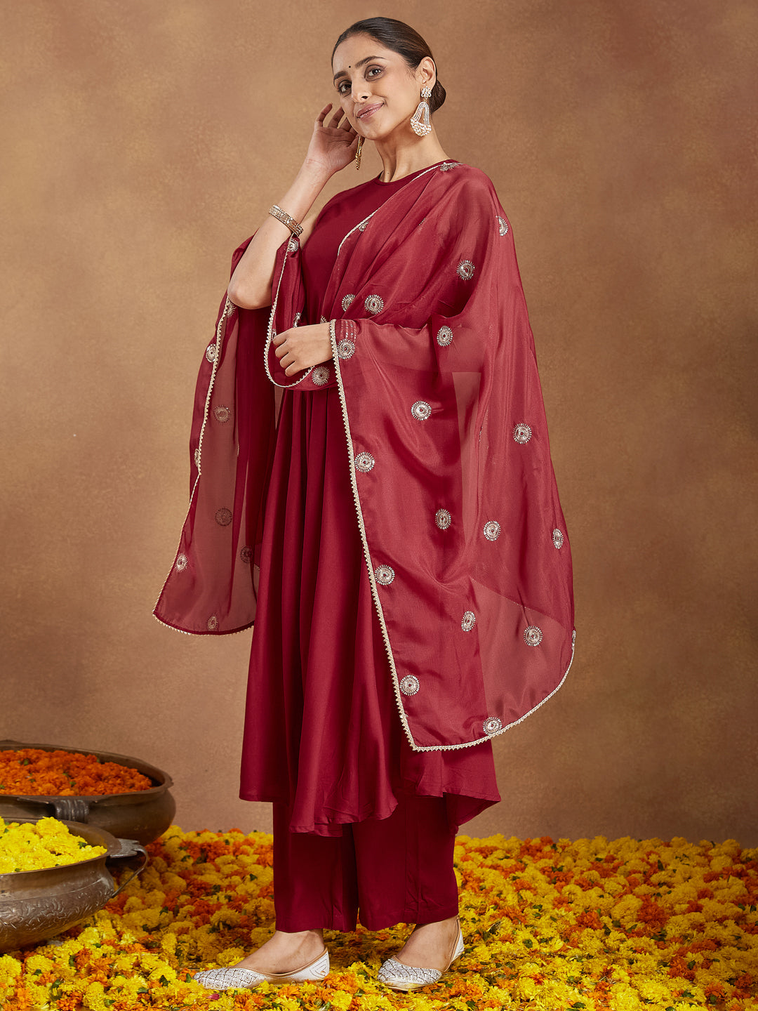Women's Maroon Rayon Embellished A-line Flared Kurta Set