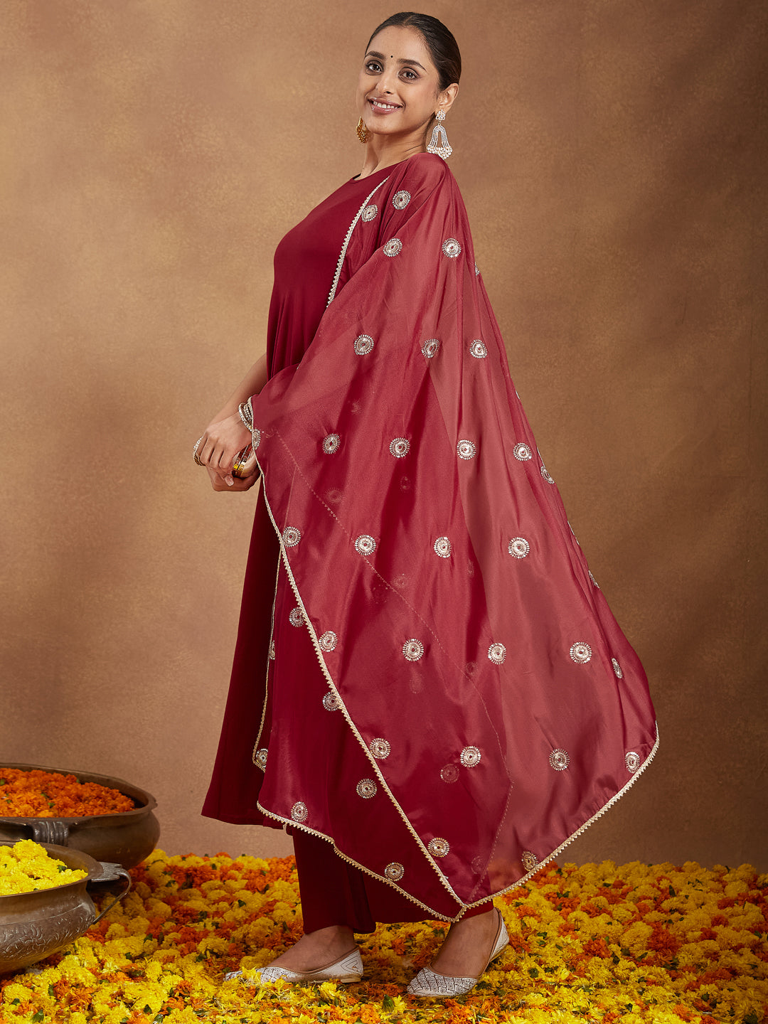Women's Maroon Rayon Embellished A-line Flared Kurta Set