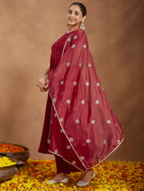 Women's Maroon Rayon Embellished A-line Flared Kurta Set