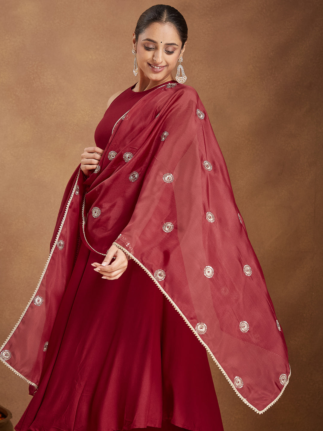 Women's Maroon Rayon Embellished A-line Flared Kurta Set