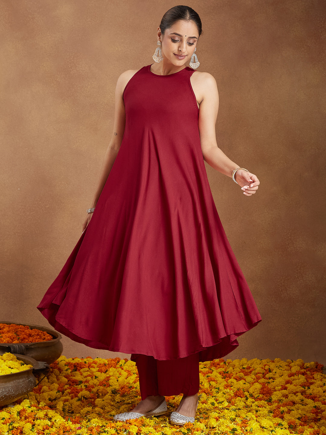 Women's Maroon Rayon Embellished A-line Flared Kurta Set