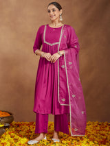 Women's Pink Rayon Yoke Design A-line Kurta With Palazzo & Dupatta Set