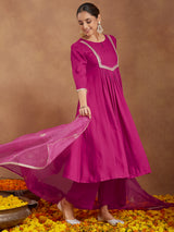 Women's Pink Rayon Yoke Design A-line Kurta With Palazzo & Dupatta Set