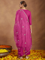 Women's Pink Rayon Yoke Design A-line Kurta With Palazzo & Dupatta Set