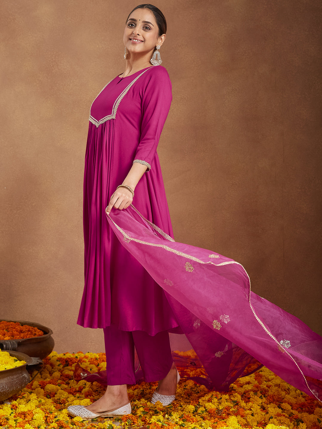 Women's Pink Rayon Yoke Design A-line Kurta With Palazzo & Dupatta Set