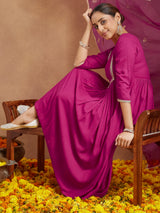 Women's Pink Rayon Yoke Design A-line Kurta With Palazzo & Dupatta Set