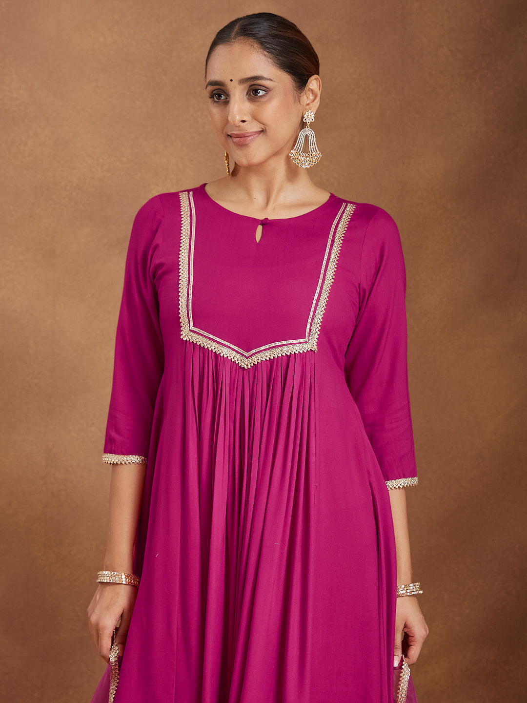 Women's Pink Rayon Yoke Design A-line Kurta With Palazzo & Dupatta Set