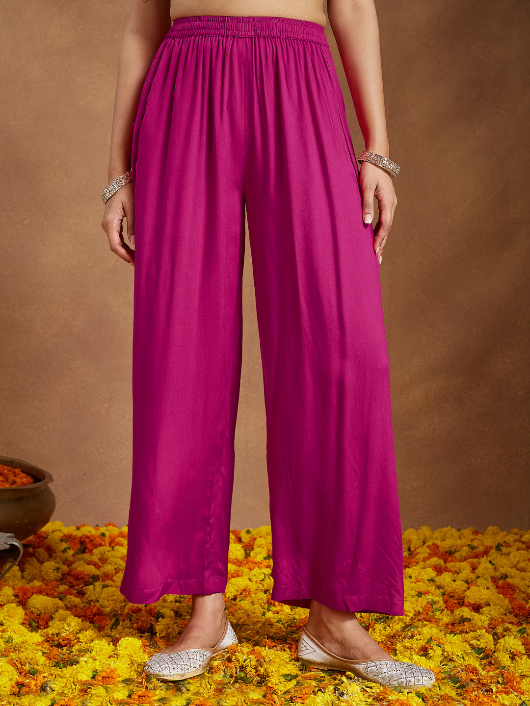 Women's Pink Rayon Yoke Design A-line Kurta With Palazzo & Dupatta Set