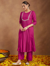 Women's Pink Rayon Yoke Design A-line Kurta With Palazzo & Dupatta Set