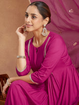 Women's Pink Rayon Yoke Design A-line Kurta With Palazzo & Dupatta Set