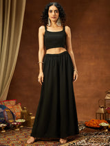 Women Black Georgette Sequinned Front-slit Jacket With Crop Top & Palazzo Set