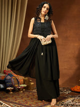 Women Black Georgette Sequinned Front-slit Jacket With Crop Top & Palazzo Set